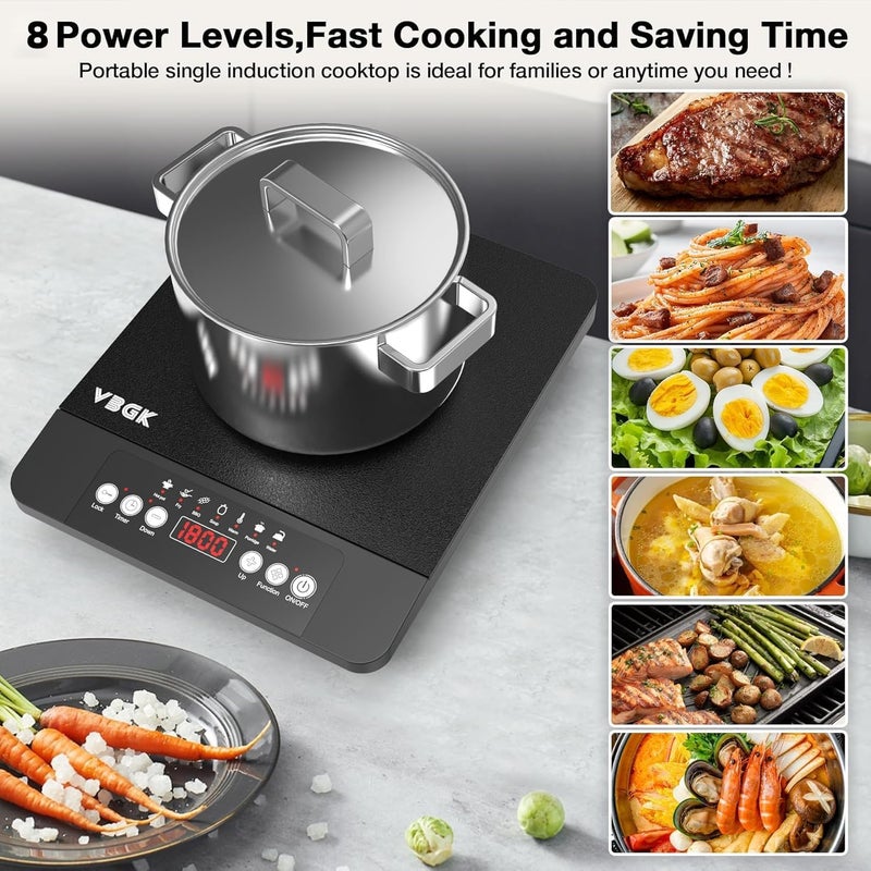 Bgk Single Burner Induction Cooktop,1800W Portable Induction Cooktop,110V Hot Plate with LCD Sensor Touch, 7 Temp Levels up to 518°F, Safety Lock, 4-Hour Timer, 9 Heat-Resistant Cooking - Image 3